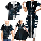 Personalized Carlton Blues Family Matching Short Sleeve Bodycon Dress and Hawaiian Shirt Modern Geometric Sports Graphic Style