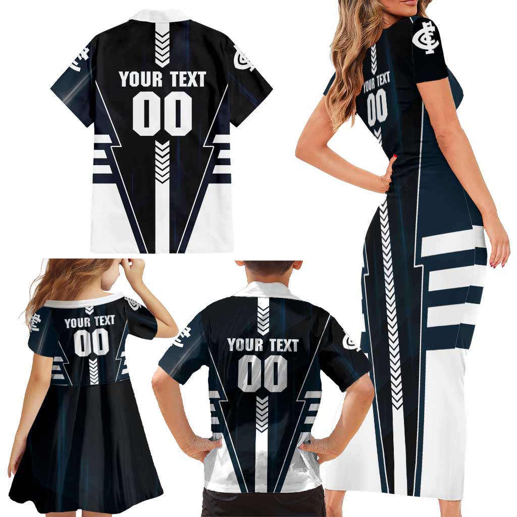 Personalized Carlton Blues Family Matching Short Sleeve Bodycon Dress and Hawaiian Shirt Modern Geometric Sports Graphic Style