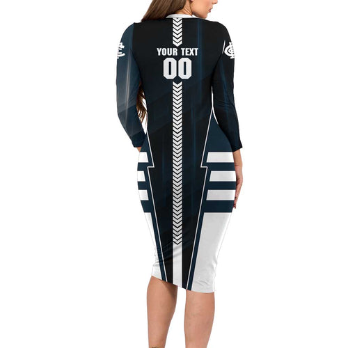 Personalized Carlton Blues Long Sleeve Bodycon Dress Modern Geometric Sports Graphic Style