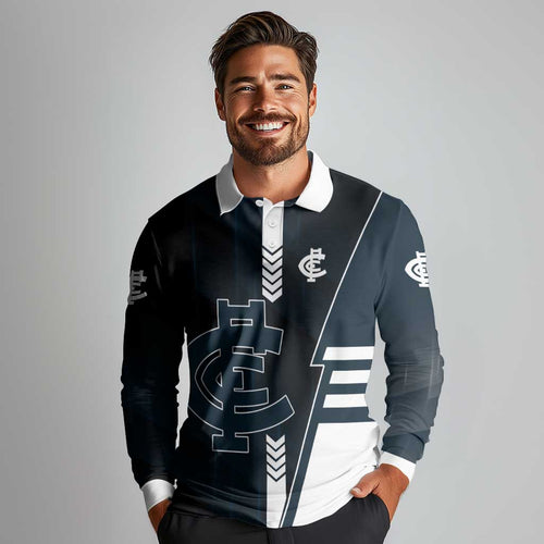 Personalized Carlton Blues Long Sleeve Polo Shirt Modern Geometric Sports Graphic Style