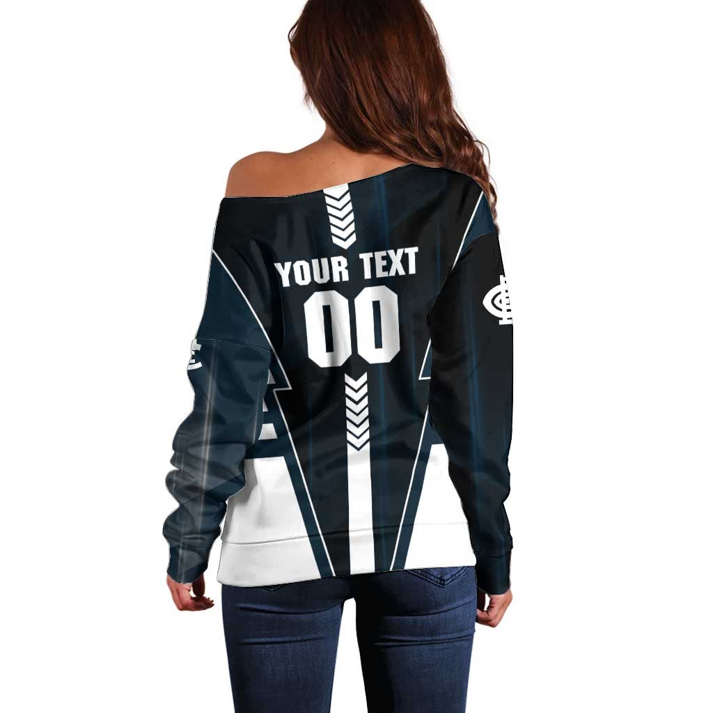 Personalized Carlton Blues Off Shoulder Sweater Modern Geometric Sports Graphic Style