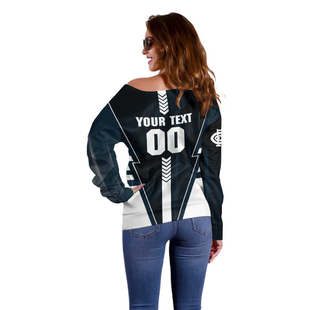 Personalized Carlton Blues Off Shoulder Sweater Modern Geometric Sports Graphic Style