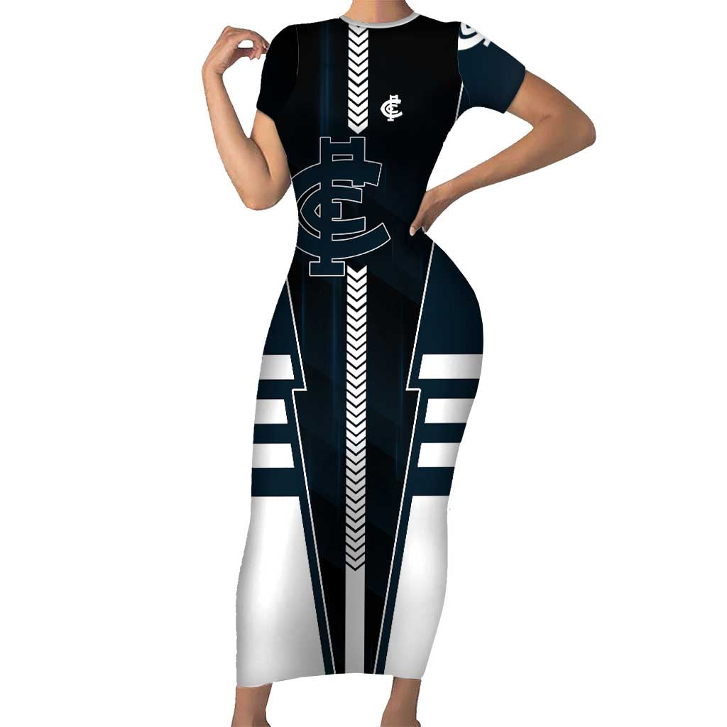Personalized Carlton Blues Short Sleeve Bodycon Dress Modern Geometric Sports Graphic Style