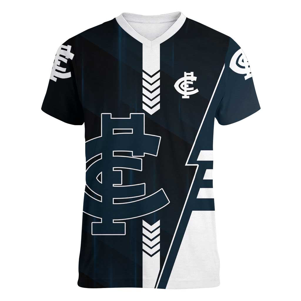 Personalized Carlton Blues Women V-Neck T-Shirt Modern Geometric Sports Graphic Style