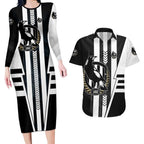 Personalized Collingwood Magpies Couples Matching Long Sleeve Bodycon Dress and Hawaiian Shirt Modern Geometric Sports Graphic Style