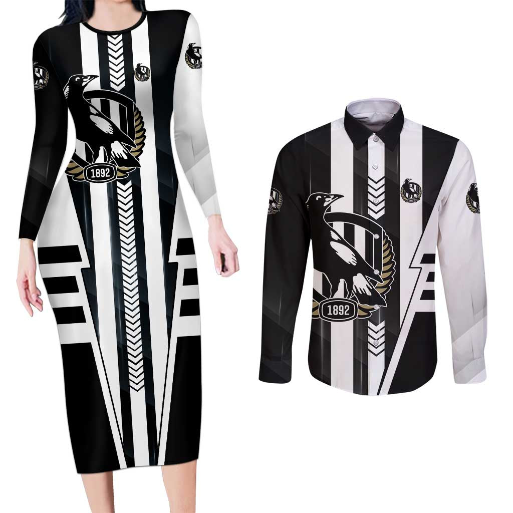Personalized Collingwood Magpies Couples Matching Long Sleeve Bodycon Dress and Long Sleeve Button Shirt Modern Geometric Sports Graphic Style