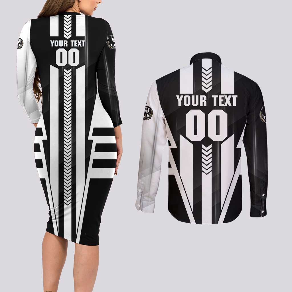 Personalized Collingwood Magpies Couples Matching Long Sleeve Bodycon Dress and Long Sleeve Button Shirt Modern Geometric Sports Graphic Style