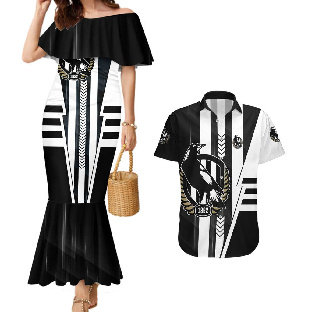 Personalized Collingwood Magpies Couples Matching Mermaid Dress and Hawaiian Shirt Modern Geometric Sports Graphic Style