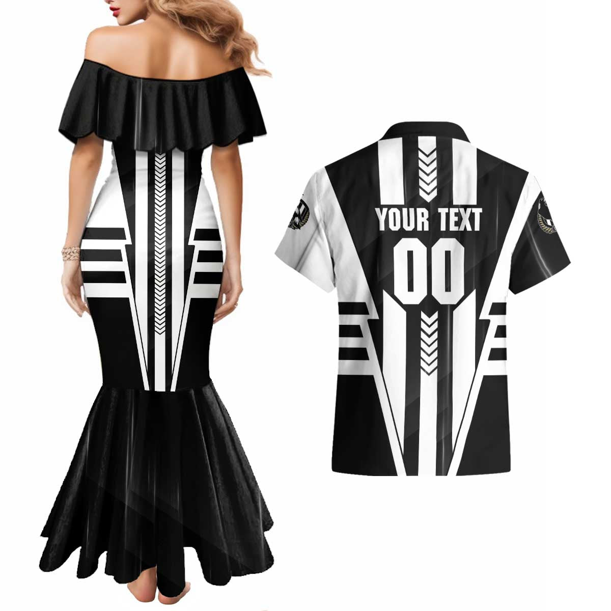 Personalized Collingwood Magpies Couples Matching Mermaid Dress and Hawaiian Shirt Modern Geometric Sports Graphic Style