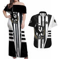 Personalized Collingwood Magpies Couples Matching Off Shoulder Maxi Dress and Hawaiian Shirt Modern Geometric Sports Graphic Style