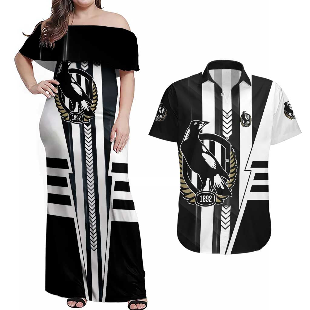 Personalized Collingwood Magpies Couples Matching Off Shoulder Maxi Dress and Hawaiian Shirt Modern Geometric Sports Graphic Style