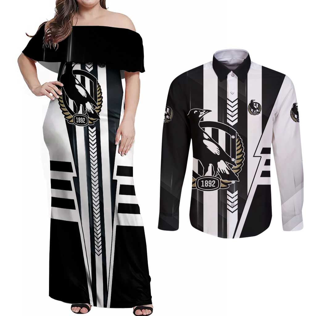 Personalized Collingwood Magpies Couples Matching Off Shoulder Maxi Dress and Long Sleeve Button Shirt Modern Geometric Sports Graphic Style