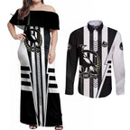 Personalized Collingwood Magpies Couples Matching Off Shoulder Maxi Dress and Long Sleeve Button Shirt Modern Geometric Sports Graphic Style