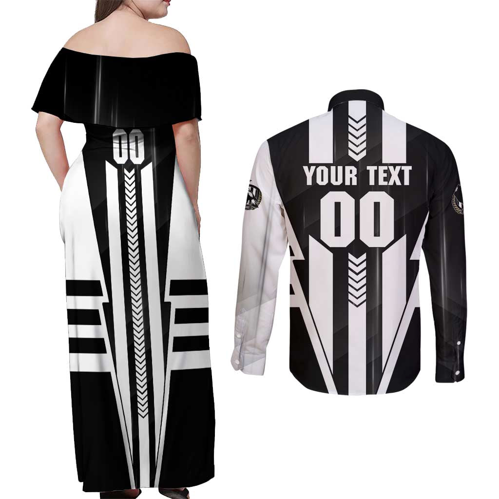 Personalized Collingwood Magpies Couples Matching Off Shoulder Maxi Dress and Long Sleeve Button Shirt Modern Geometric Sports Graphic Style