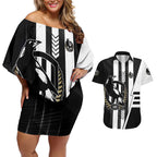 Personalized Collingwood Magpies Couples Matching Off Shoulder Short Dress and Hawaiian Shirt Modern Geometric Sports Graphic Style