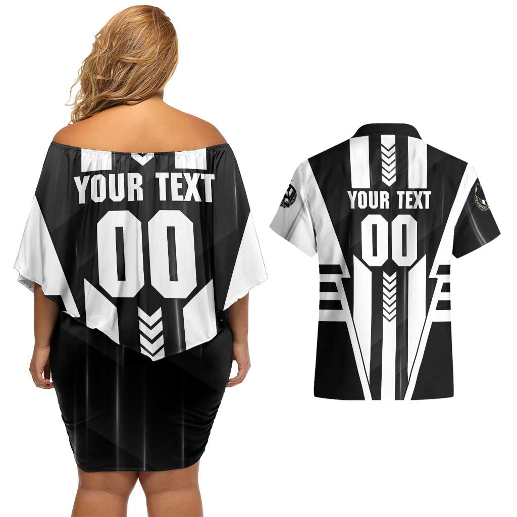 Personalized Collingwood Magpies Couples Matching Off Shoulder Short Dress and Hawaiian Shirt Modern Geometric Sports Graphic Style