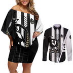 Personalized Collingwood Magpies Couples Matching Off Shoulder Short Dress and Long Sleeve Button Shirt Modern Geometric Sports Graphic Style