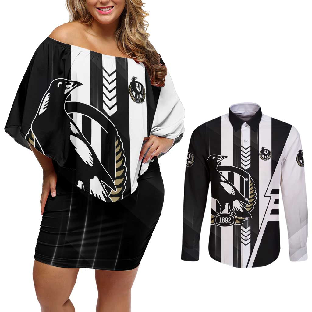 Personalized Collingwood Magpies Couples Matching Off Shoulder Short Dress and Long Sleeve Button Shirt Modern Geometric Sports Graphic Style