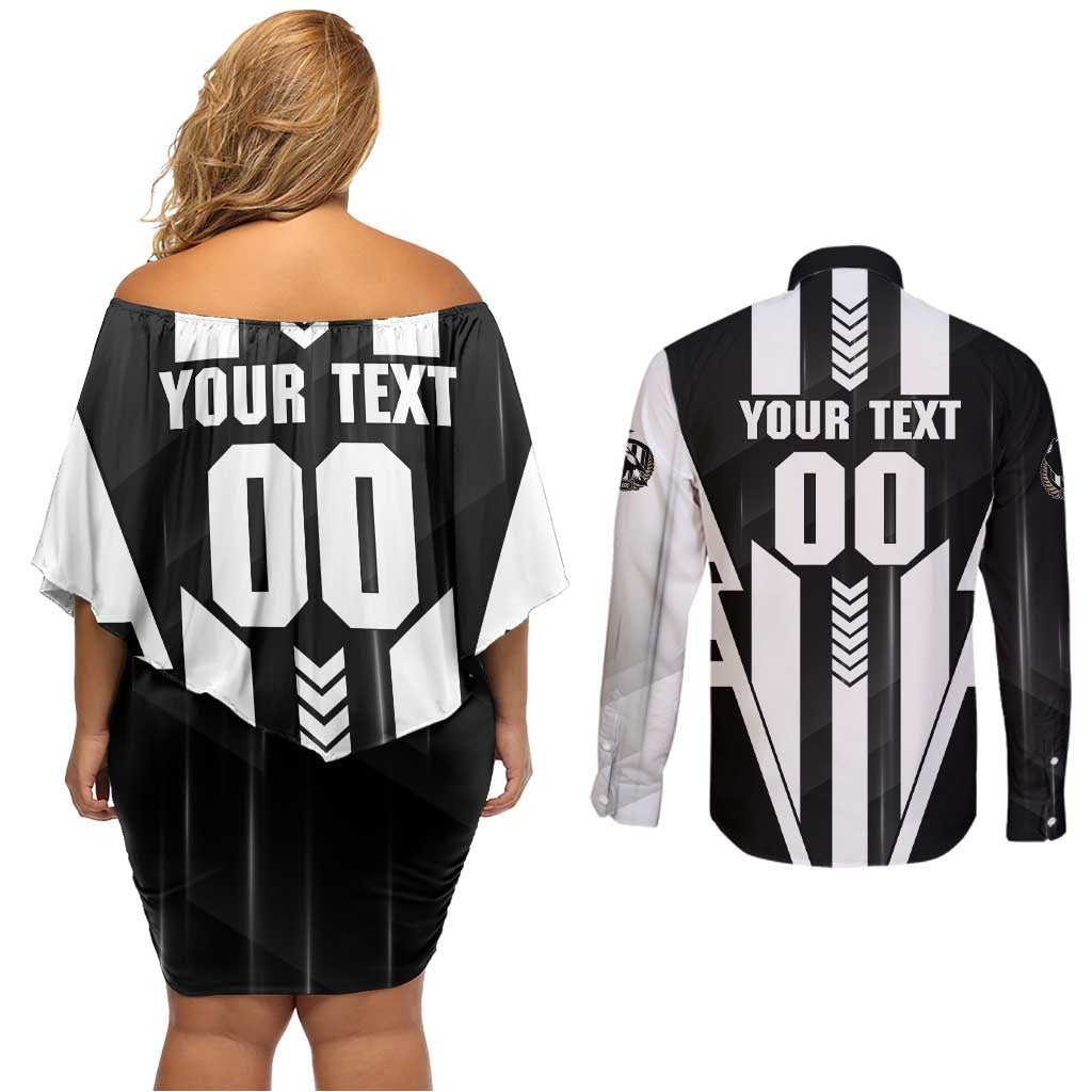 Personalized Collingwood Magpies Couples Matching Off Shoulder Short Dress and Long Sleeve Button Shirt Modern Geometric Sports Graphic Style