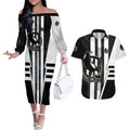 Personalized Collingwood Magpies Couples Matching Off The Shoulder Long Sleeve Dress and Hawaiian Shirt Modern Geometric Sports Graphic Style