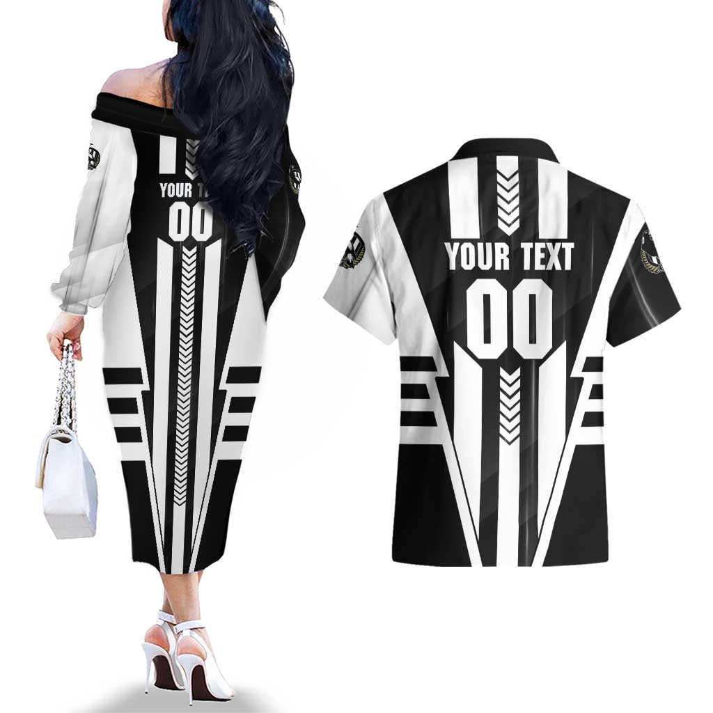 Personalized Collingwood Magpies Couples Matching Off The Shoulder Long Sleeve Dress and Hawaiian Shirt Modern Geometric Sports Graphic Style