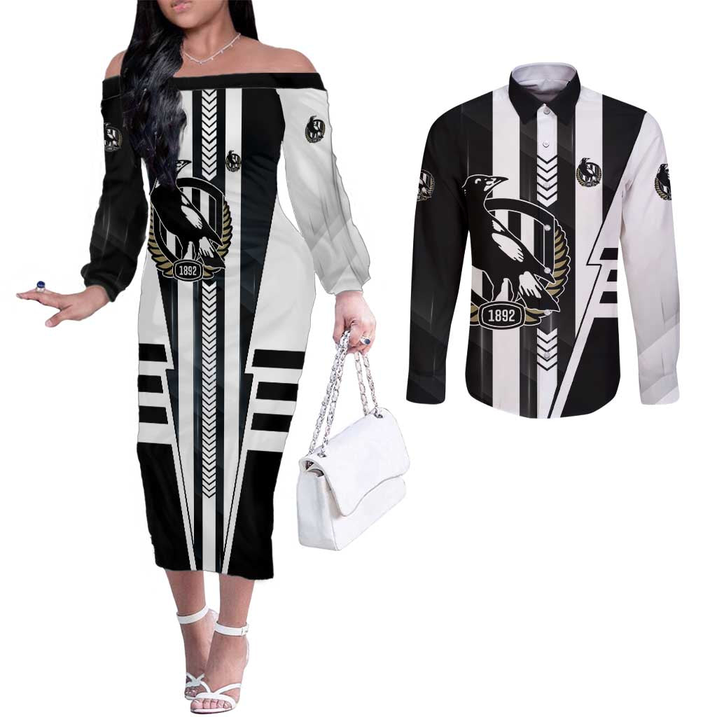 Personalized Collingwood Magpies Couples Matching Off The Shoulder Long Sleeve Dress and Long Sleeve Button Shirt Modern Geometric Sports Graphic Style