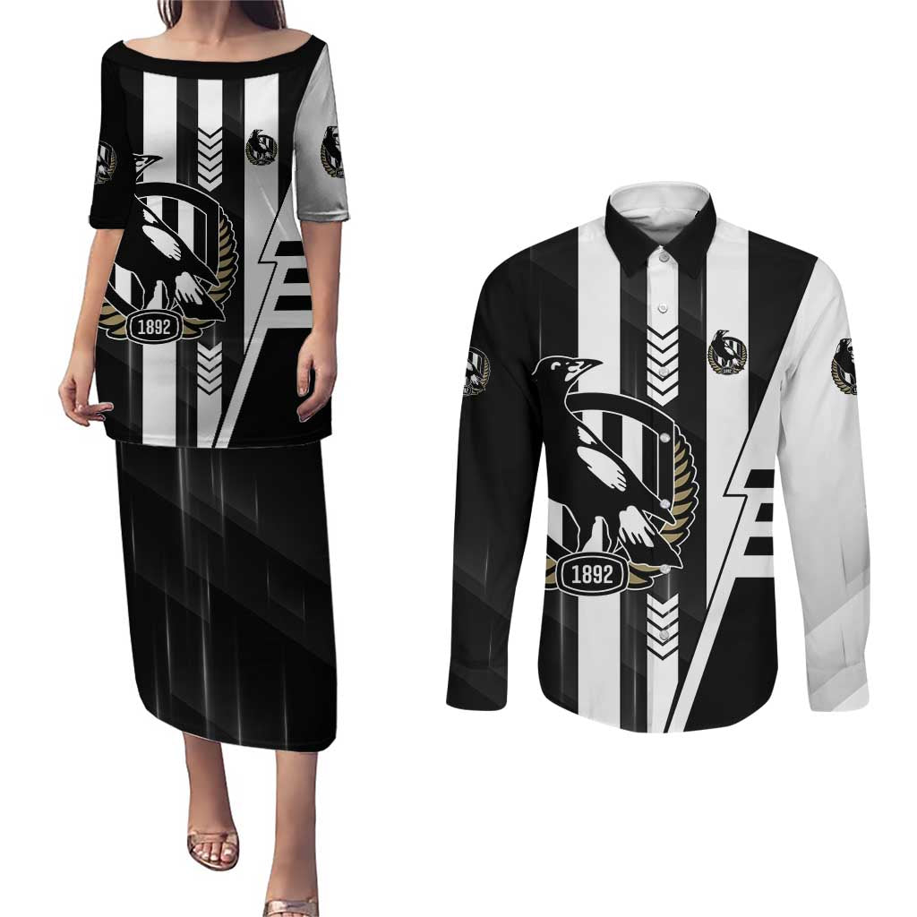 Personalized Collingwood Magpies Couples Matching Puletasi and Long Sleeve Button Shirt Modern Geometric Sports Graphic Style