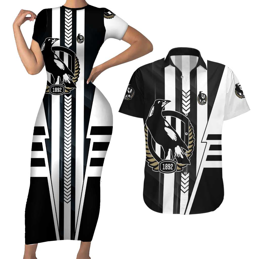 Personalized Collingwood Magpies Couples Matching Short Sleeve Bodycon Dress and Hawaiian Shirt Modern Geometric Sports Graphic Style
