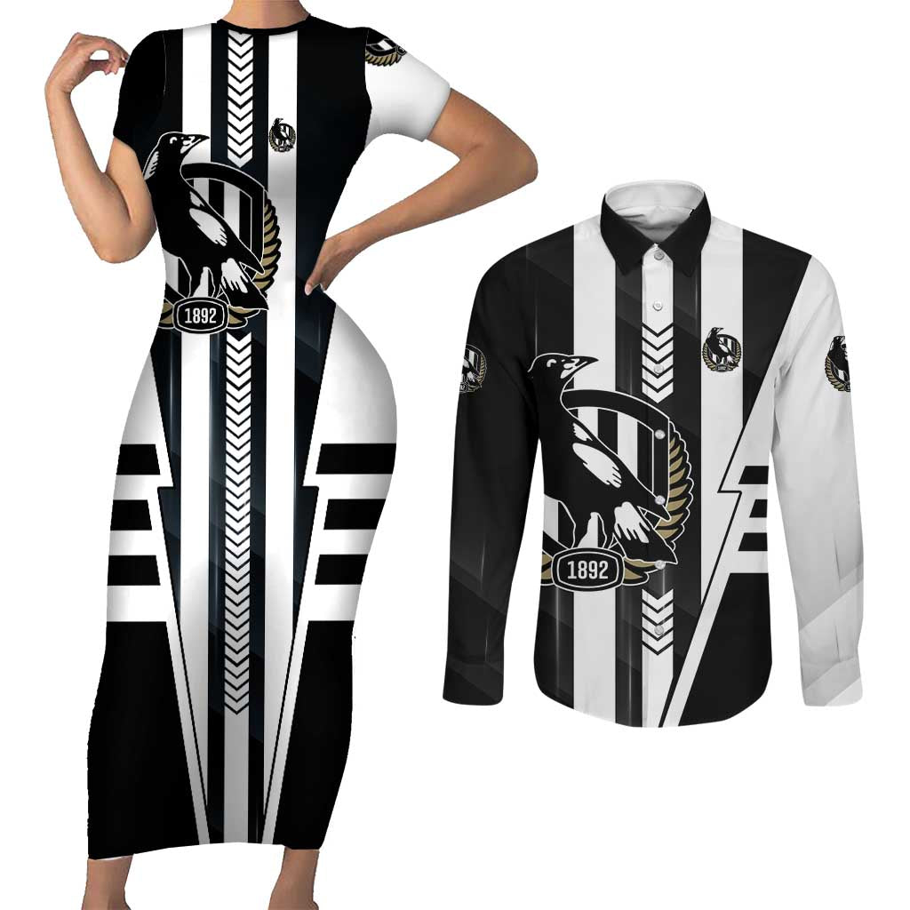 Personalized Collingwood Magpies Couples Matching Short Sleeve Bodycon Dress and Long Sleeve Button Shirt Modern Geometric Sports Graphic Style
