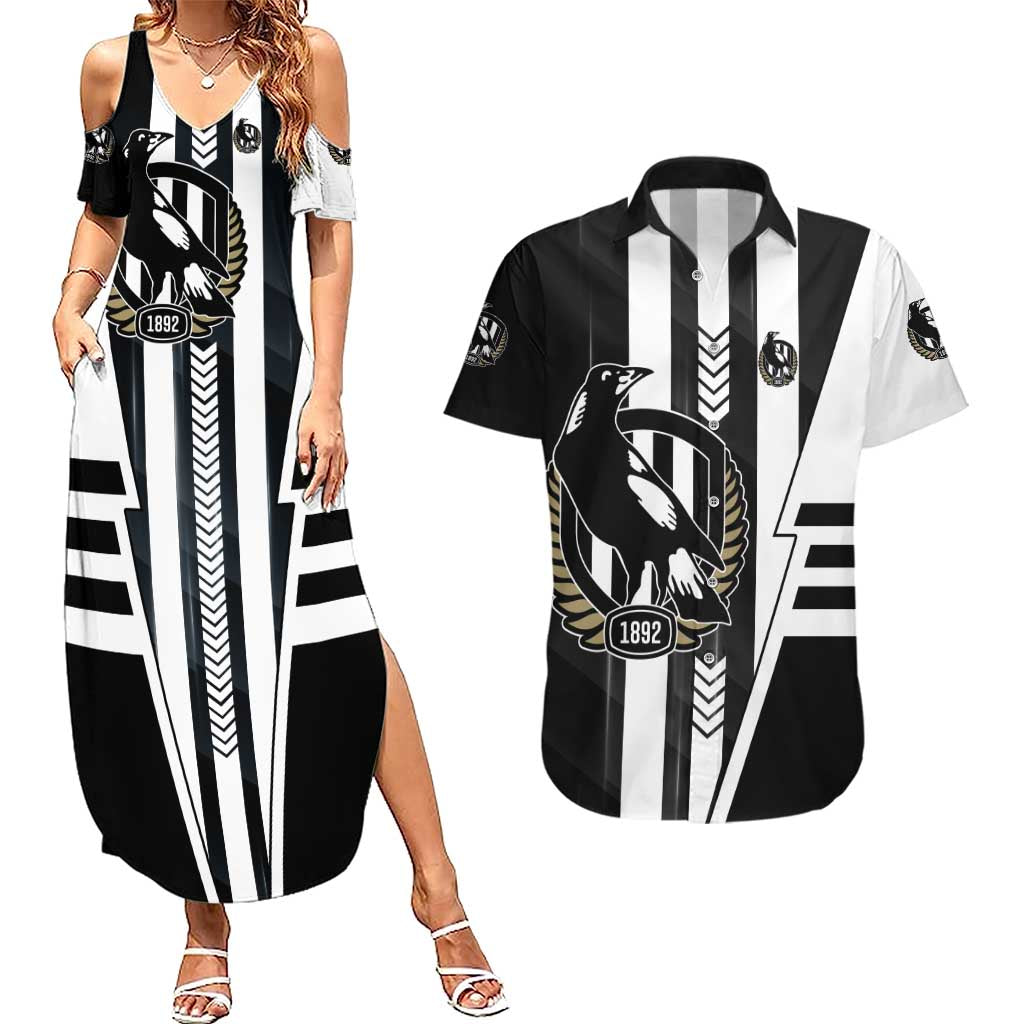 Personalized Collingwood Magpies Couples Matching Summer Maxi Dress and Hawaiian Shirt Modern Geometric Sports Graphic Style