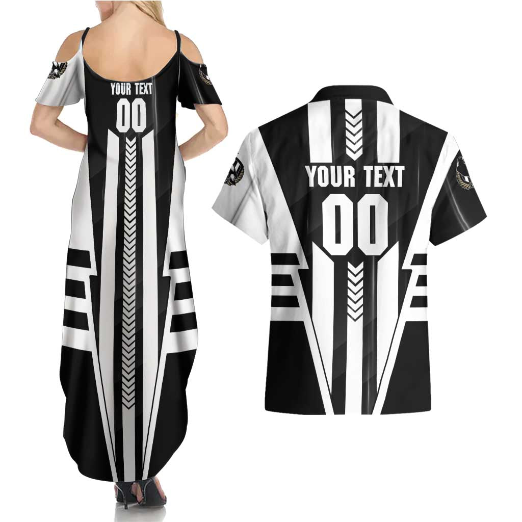 Personalized Collingwood Magpies Couples Matching Summer Maxi Dress and Hawaiian Shirt Modern Geometric Sports Graphic Style