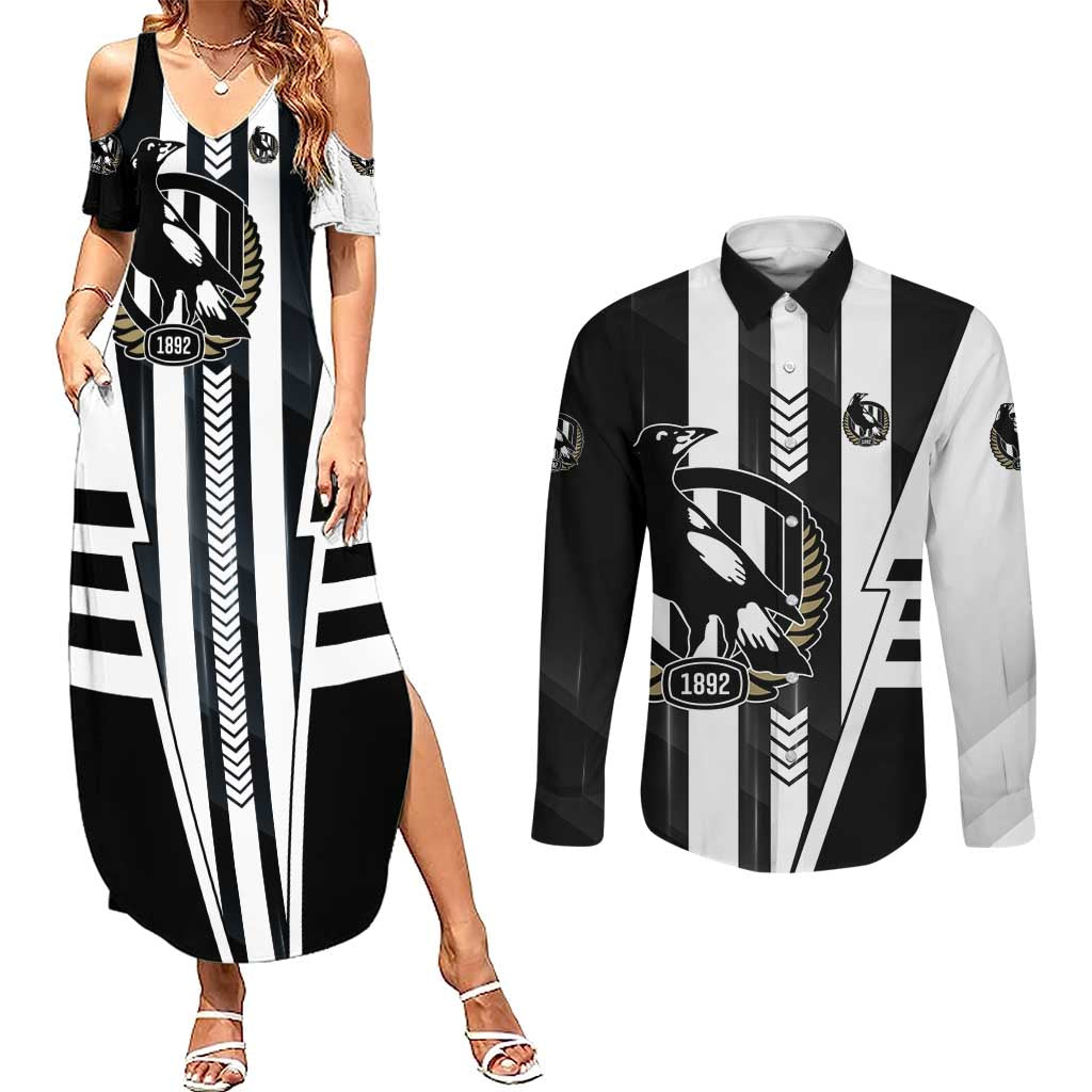 Personalized Collingwood Magpies Couples Matching Summer Maxi Dress and Long Sleeve Button Shirt Modern Geometric Sports Graphic Style