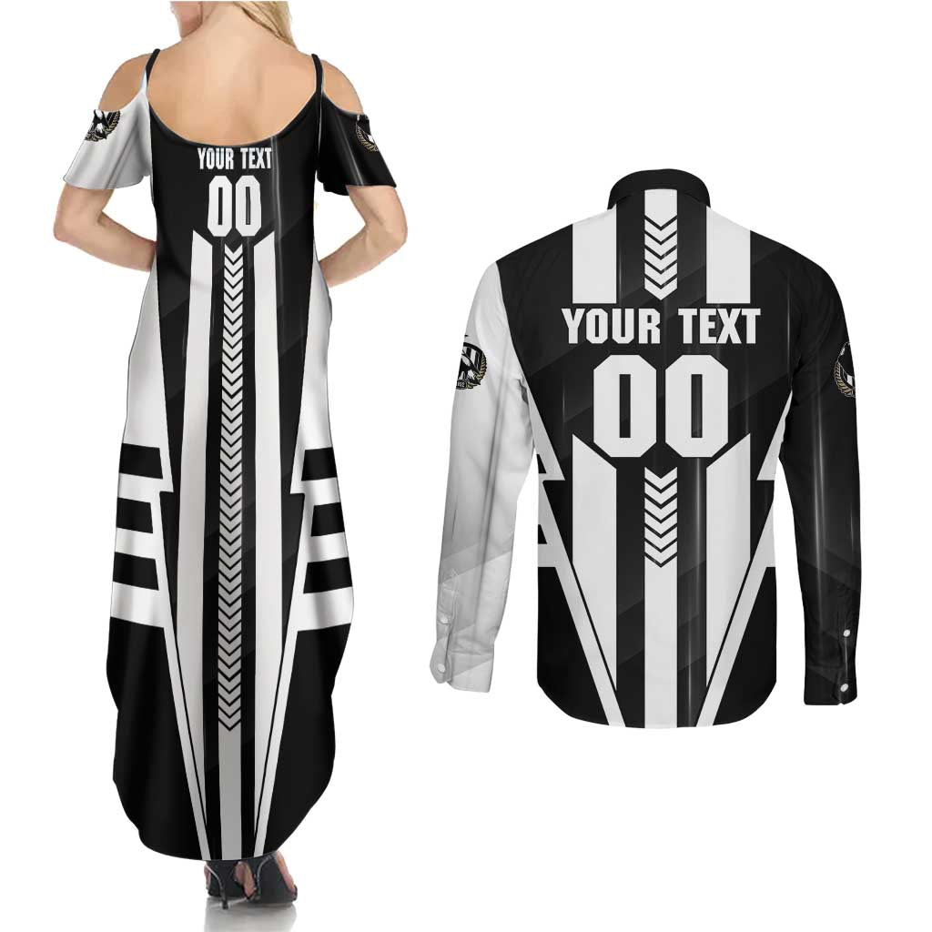 Personalized Collingwood Magpies Couples Matching Summer Maxi Dress and Long Sleeve Button Shirt Modern Geometric Sports Graphic Style