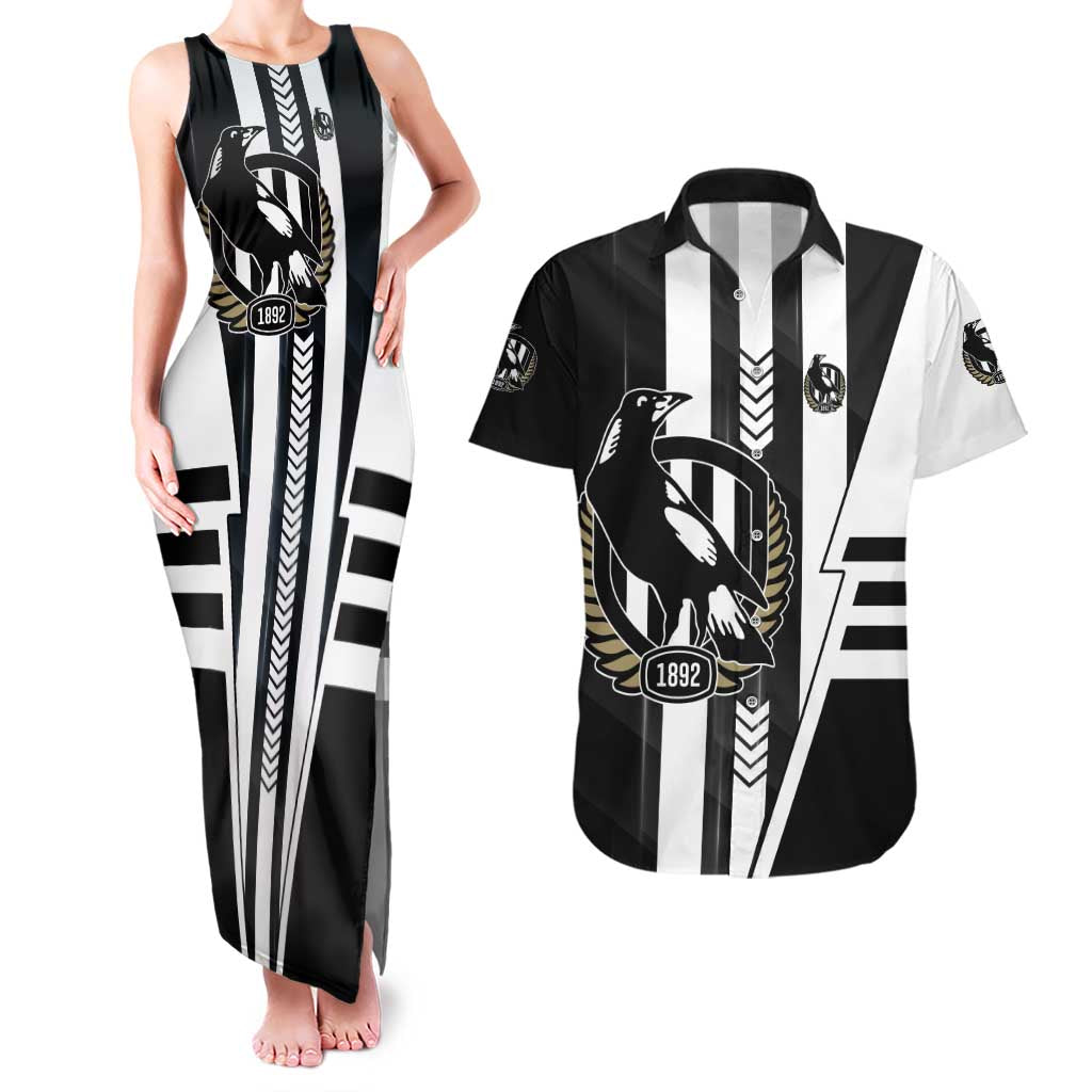 Personalized Collingwood Magpies Couples Matching Tank Maxi Dress and Hawaiian Shirt Modern Geometric Sports Graphic Style