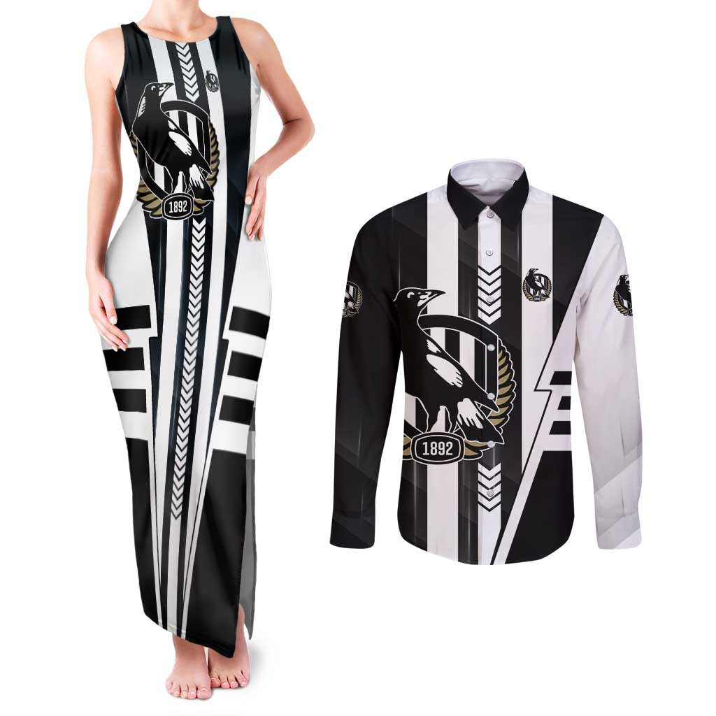 Personalized Collingwood Magpies Couples Matching Tank Maxi Dress and Long Sleeve Button Shirt Modern Geometric Sports Graphic Style