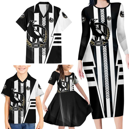 Personalized Collingwood Magpies Family Matching Long Sleeve Bodycon Dress and Hawaiian Shirt Modern Geometric Sports Graphic Style