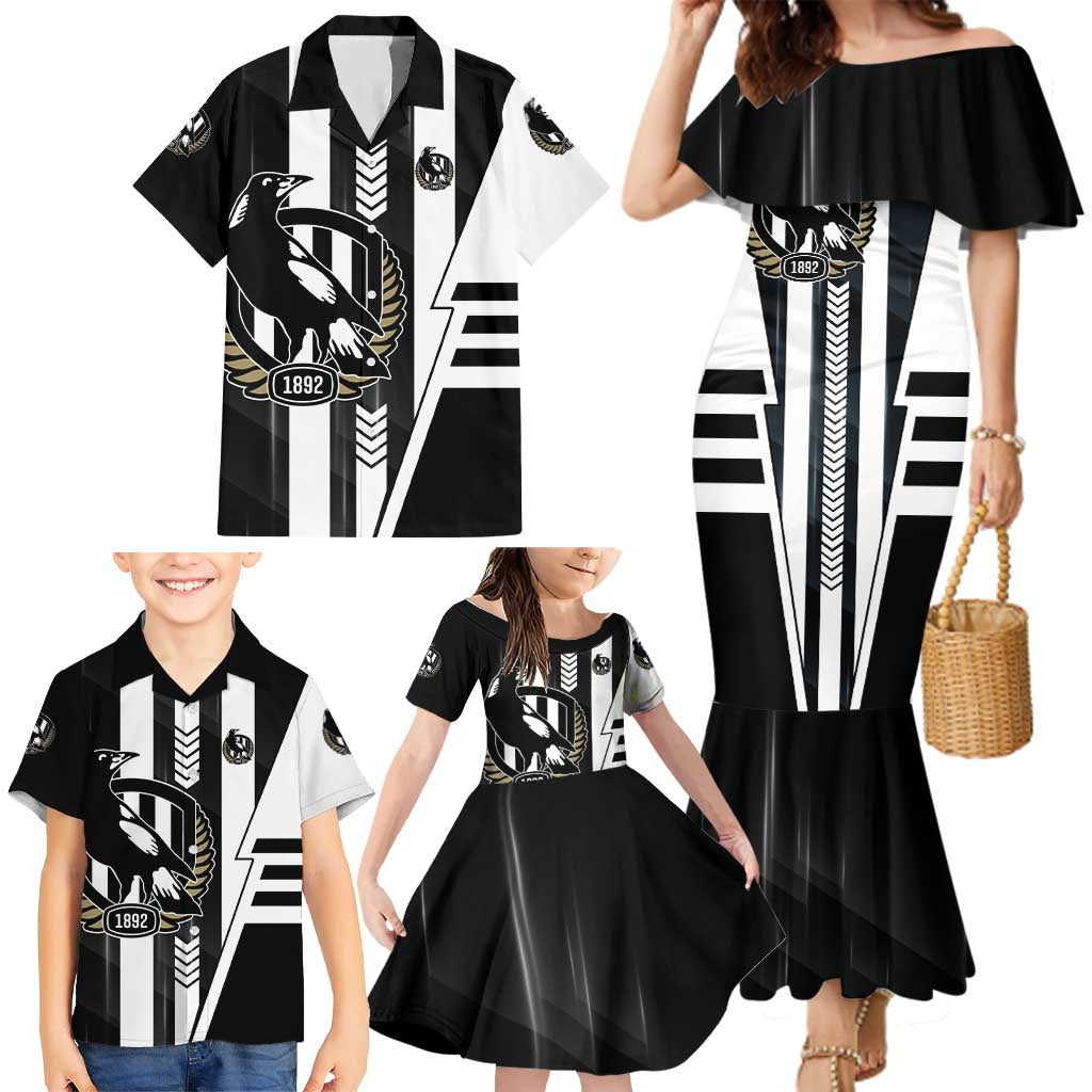 Personalized Collingwood Magpies Family Matching Mermaid Dress and Hawaiian Shirt Modern Geometric Sports Graphic Style