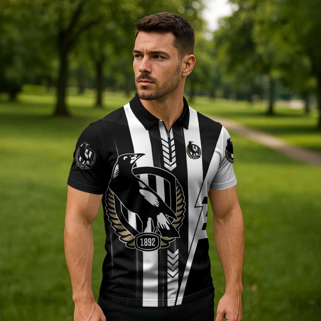 Personalized Collingwood Magpies Zipper Polo Shirt Modern Geometric Sports Graphic Style