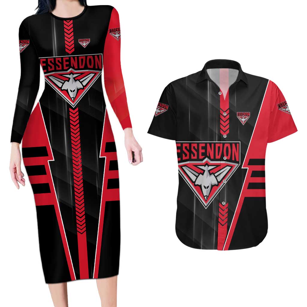 Personalized Essendon Bombers Couples Matching Long Sleeve Bodycon Dress and Hawaiian Shirt Modern Geometric Sports Graphic Style