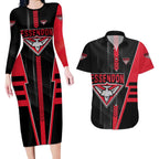 Personalized Essendon Bombers Couples Matching Long Sleeve Bodycon Dress and Hawaiian Shirt Modern Geometric Sports Graphic Style