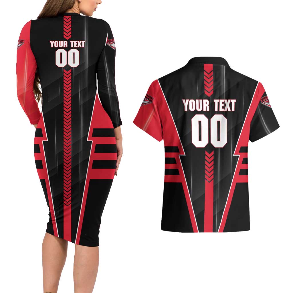 Personalized Essendon Bombers Couples Matching Long Sleeve Bodycon Dress and Hawaiian Shirt Modern Geometric Sports Graphic Style