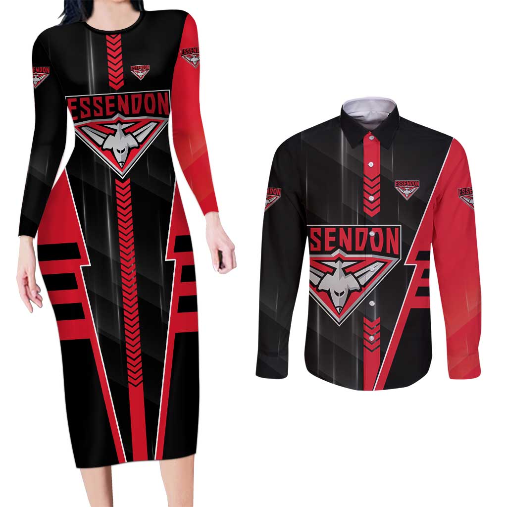 Personalized Essendon Bombers Couples Matching Long Sleeve Bodycon Dress and Long Sleeve Button Shirt Modern Geometric Sports Graphic Style