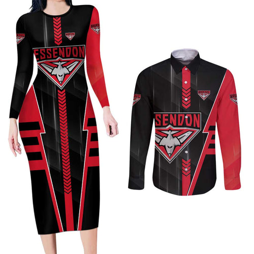 Personalized Essendon Bombers Couples Matching Long Sleeve Bodycon Dress and Long Sleeve Button Shirt Modern Geometric Sports Graphic Style