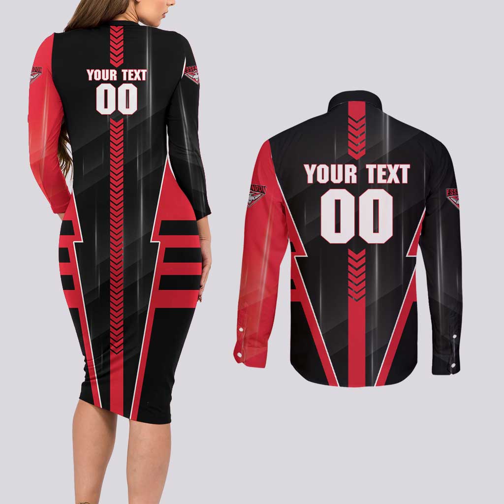 Personalized Essendon Bombers Couples Matching Long Sleeve Bodycon Dress and Long Sleeve Button Shirt Modern Geometric Sports Graphic Style