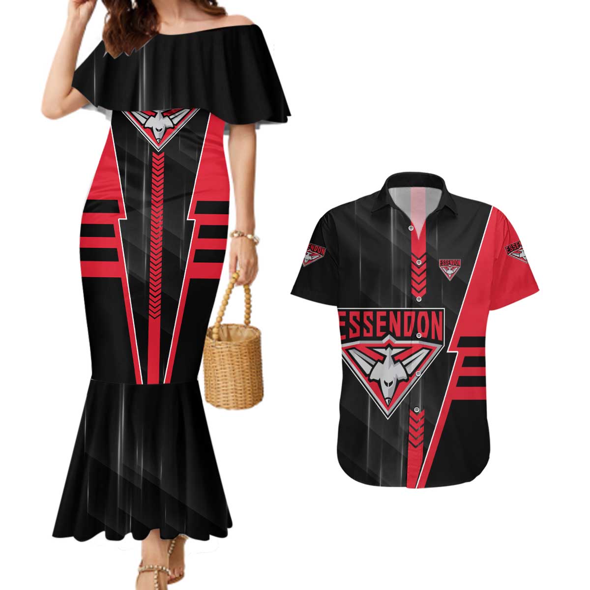 Personalized Essendon Bombers Couples Matching Mermaid Dress and Hawaiian Shirt Modern Geometric Sports Graphic Style