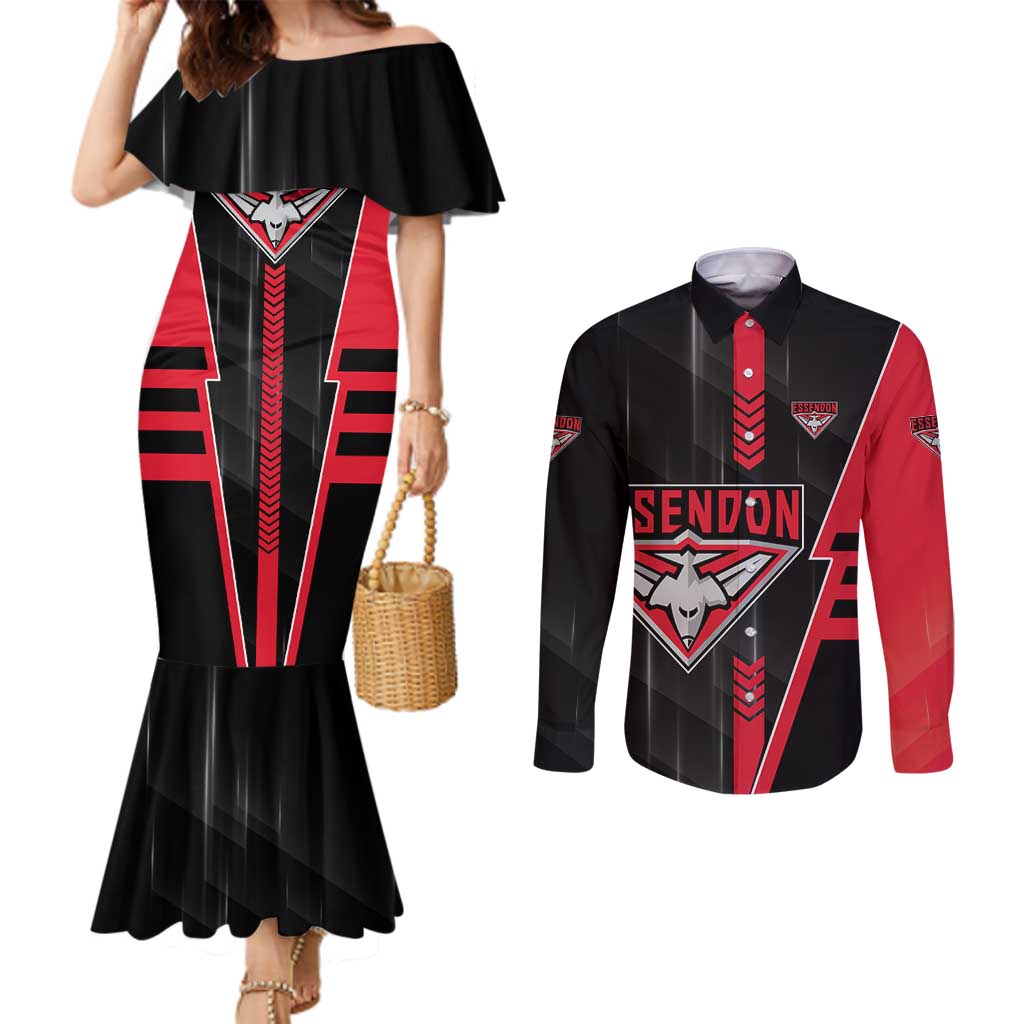 Personalized Essendon Bombers Couples Matching Mermaid Dress and Long Sleeve Button Shirt Modern Geometric Sports Graphic Style