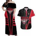 Personalized Essendon Bombers Couples Matching Off Shoulder Maxi Dress and Hawaiian Shirt Modern Geometric Sports Graphic Style