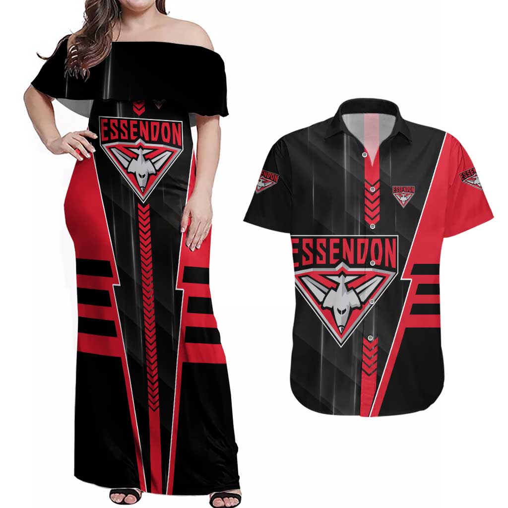 Personalized Essendon Bombers Couples Matching Off Shoulder Maxi Dress and Hawaiian Shirt Modern Geometric Sports Graphic Style