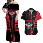 Personalized Essendon Bombers Couples Matching Off Shoulder Maxi Dress and Hawaiian Shirt Modern Geometric Sports Graphic Style