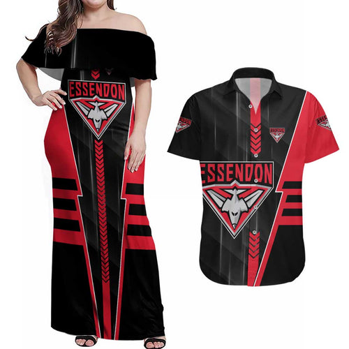 Personalized Essendon Bombers Couples Matching Off Shoulder Maxi Dress and Hawaiian Shirt Modern Geometric Sports Graphic Style